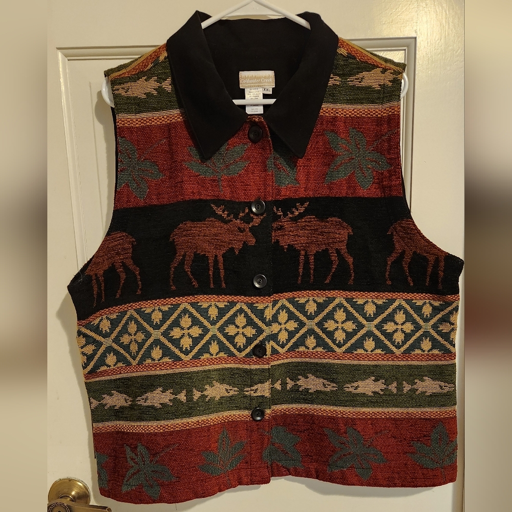 Coldwater Creek Moose Tapestry Patterned Vest, Size XXL